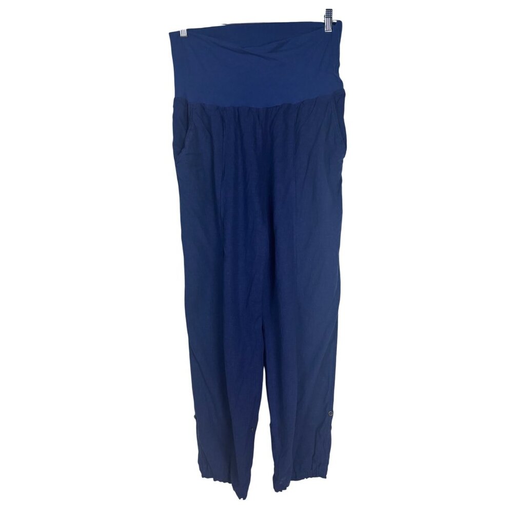 Soft Surroundings L Blue Linen Blend Foldover Pull-On Pants Boho Natural Fibers